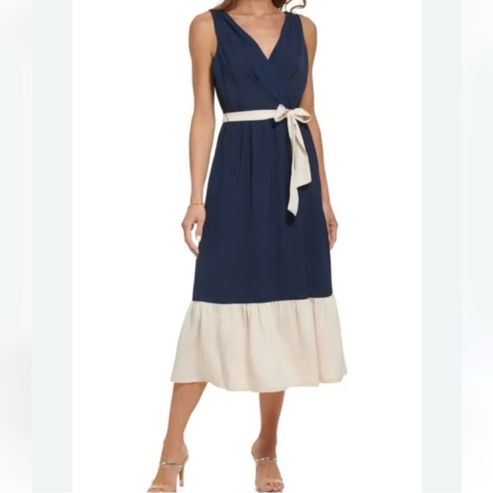 DKNY Navy and Cream Wrap Midi Dress